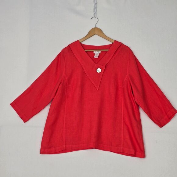 Mosaic USA Womens M Linen Coral Red Orange 3/4 Sleeve Lagenlook Tunic Top Blouse - Picture 4 of 10